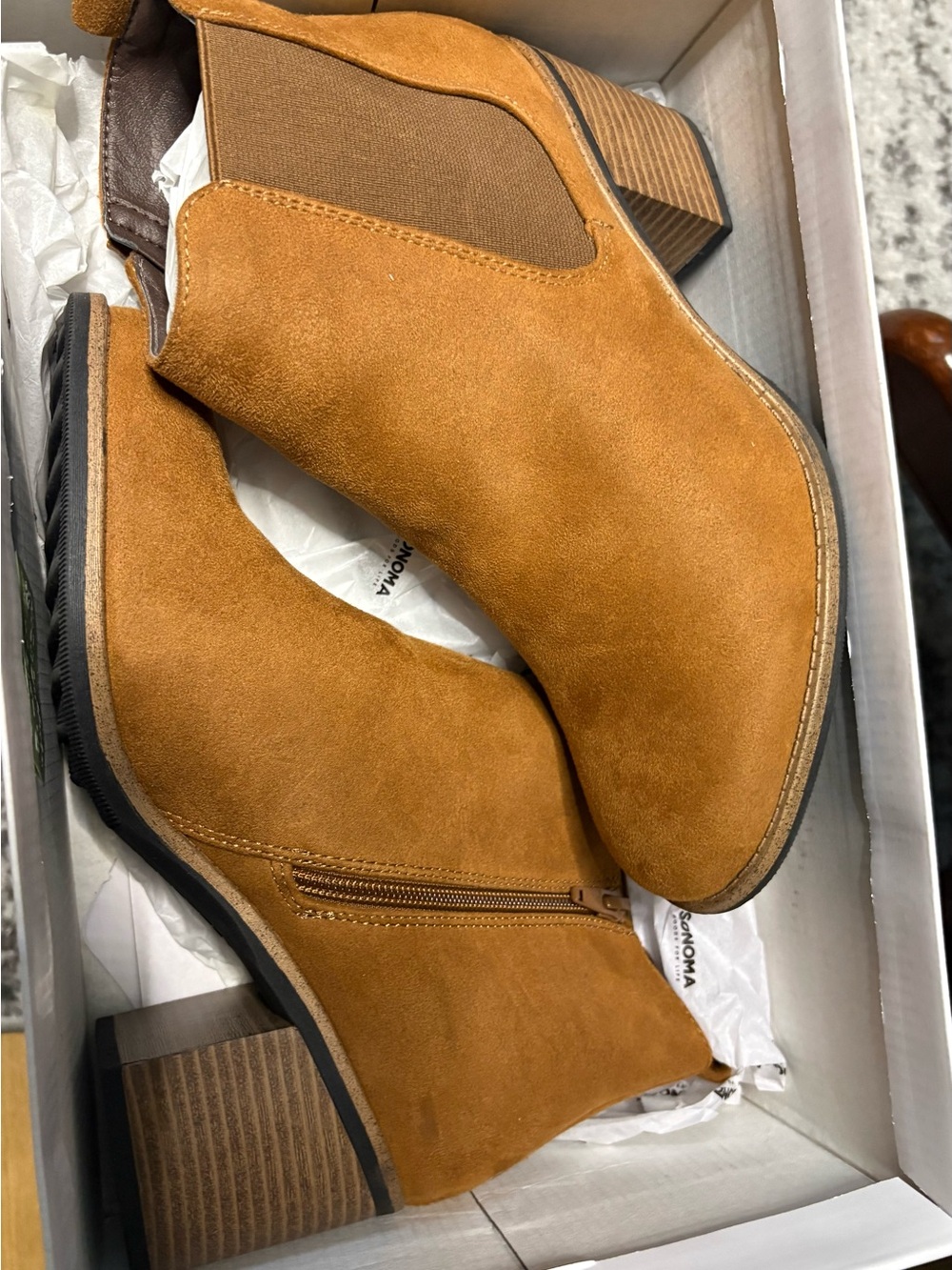 Sonoma Tan Suede Ankle Booties with Stacked Heel